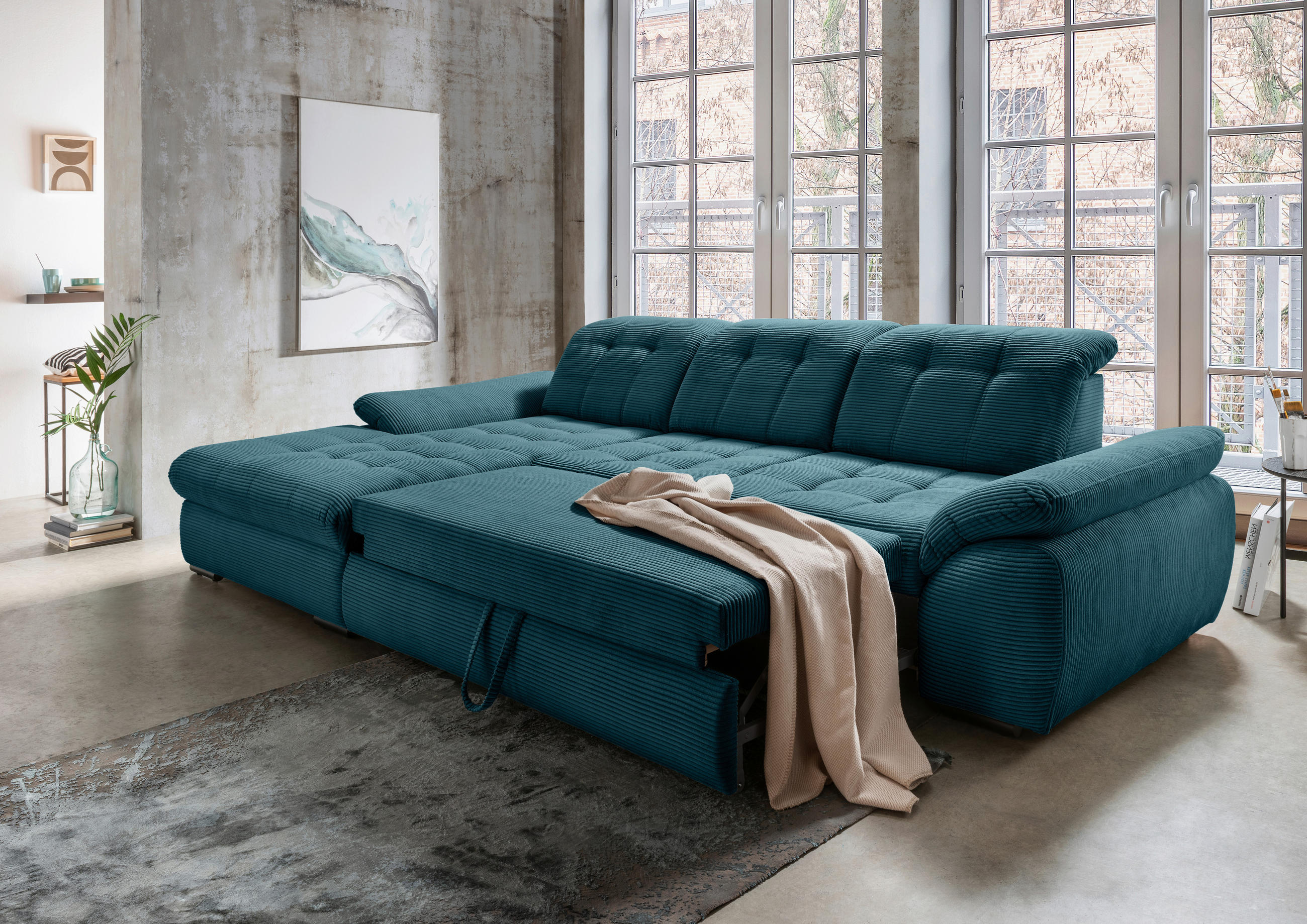 ECKSOFA Petrol Cord - Petrol/Schwarz, MODERN, Textil/Metall (184/314cm) - Livetastic
