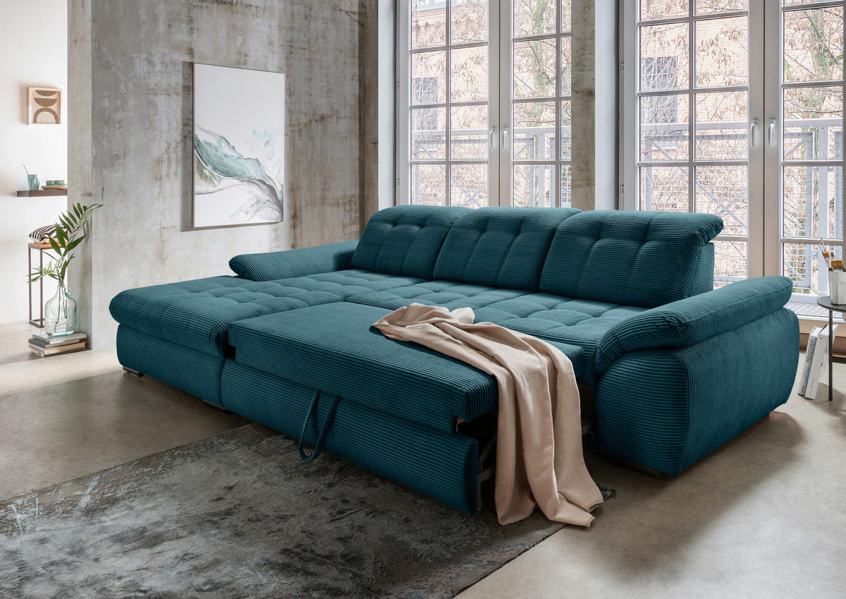 ECKSOFA in Cord Petrol  - Petrol/Schwarz, Modern, Textil/Metall (184/314cm) - Livetastic
