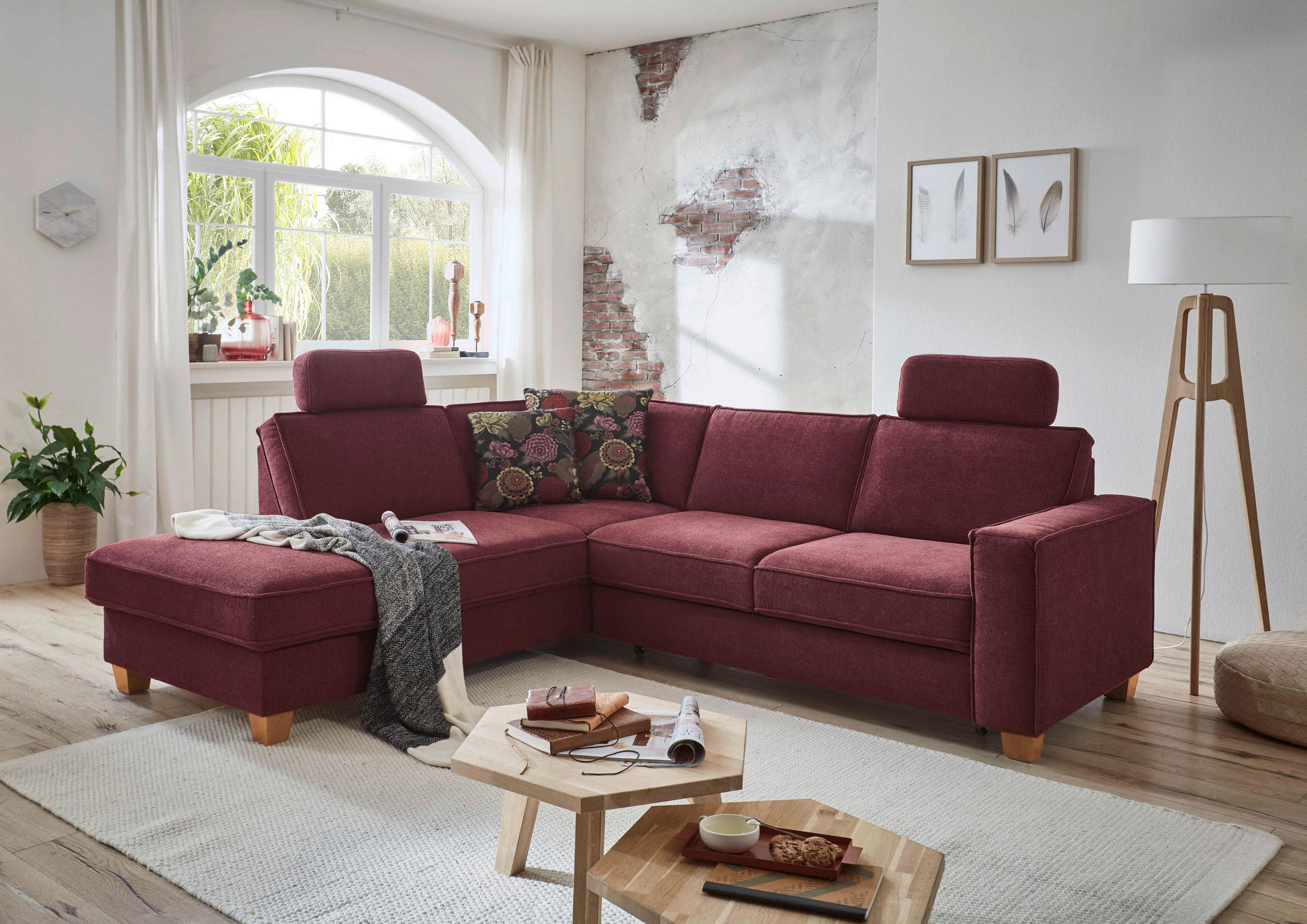 ECKSOFA Dunkelrot Flachgewebe  - Eichefarben/Dunkelrot, KONVENTIONELL, Holz/Textil (213/236cm) - Sit & More