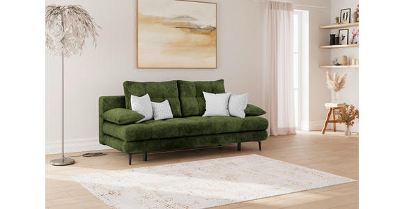 SCHLAFSOFA Chenille Olivgrün Rückenkissen, Armlehnenkissen, Bettkasten, Schlaffunktion, Rücken echt  - Schwarz/Olivgrün, KONVENTIONELL, Textil/Metall (203/94/96cm) - Carryhome