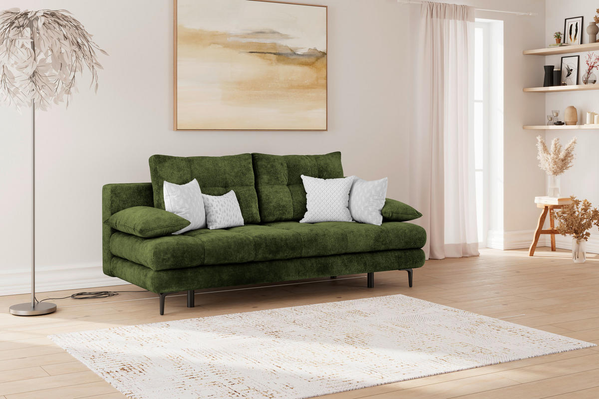 SCHLAFSOFA  mit Liegefunktion, Schlafen auf Sitzhöhe, Rücken echt Chenille Olivgrün  - Schwarz/Olivgrün, KONVENTIONELL, Textil/Metall (203/94/96cm) - Carryhome
