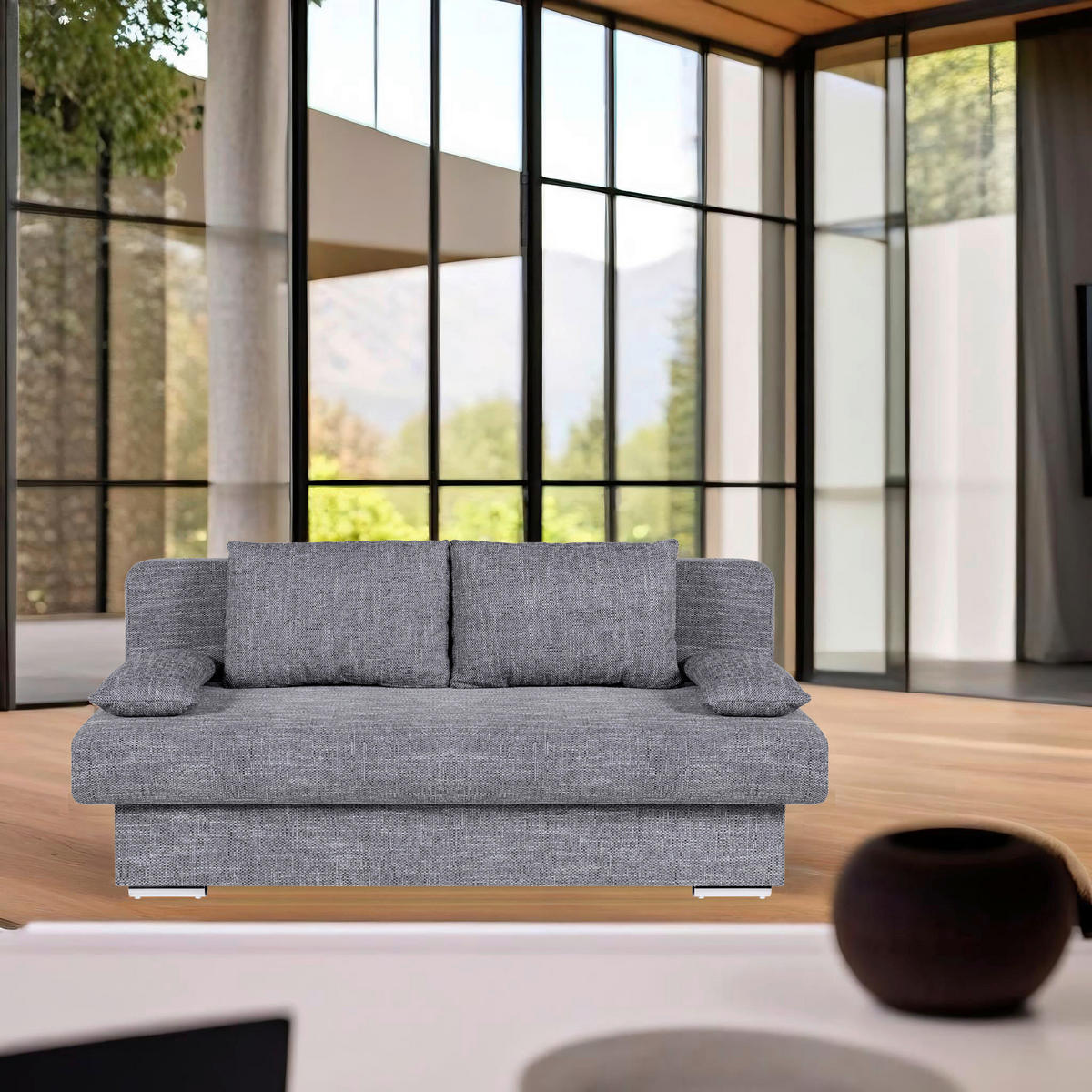 SCHLAFSOFA  mit Liegefunktion, Rücken echt Webstoff Grau  - Chromfarben/Schwarz, Design, Kunststoff/Textil (193/85/86cm) - P & B