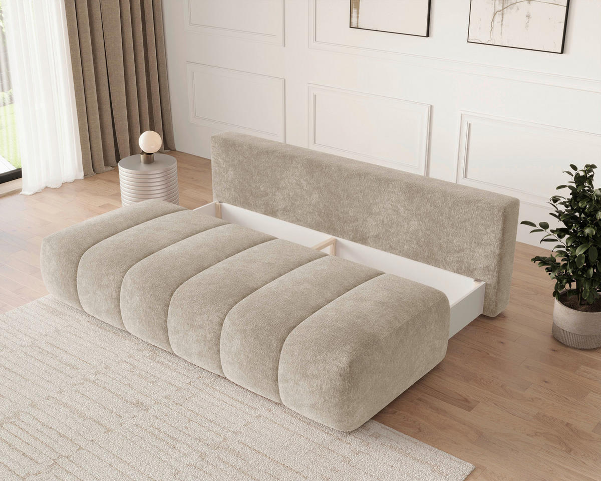 SCHLAFSOFA Chenille Beige  inkl. Zierkissen, Rückenkissen, Bettkasten, Schlaffunktion, Rücken echt, Liegefläche im Originalstoff  - Beige/Schwarz, MODERN, Kunststoff/Textil (210/88/104cm) - Milino