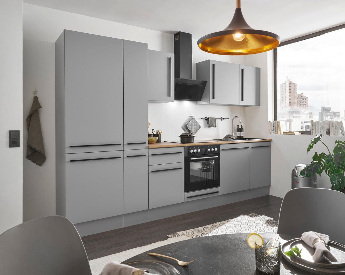 KÜCHENBLOCK 310 cm   in Grau, Eichefarben  - Eichefarben/Schwarz, Design, Holzwerkstoff/Kunststoff (310cm) - MID.YOU