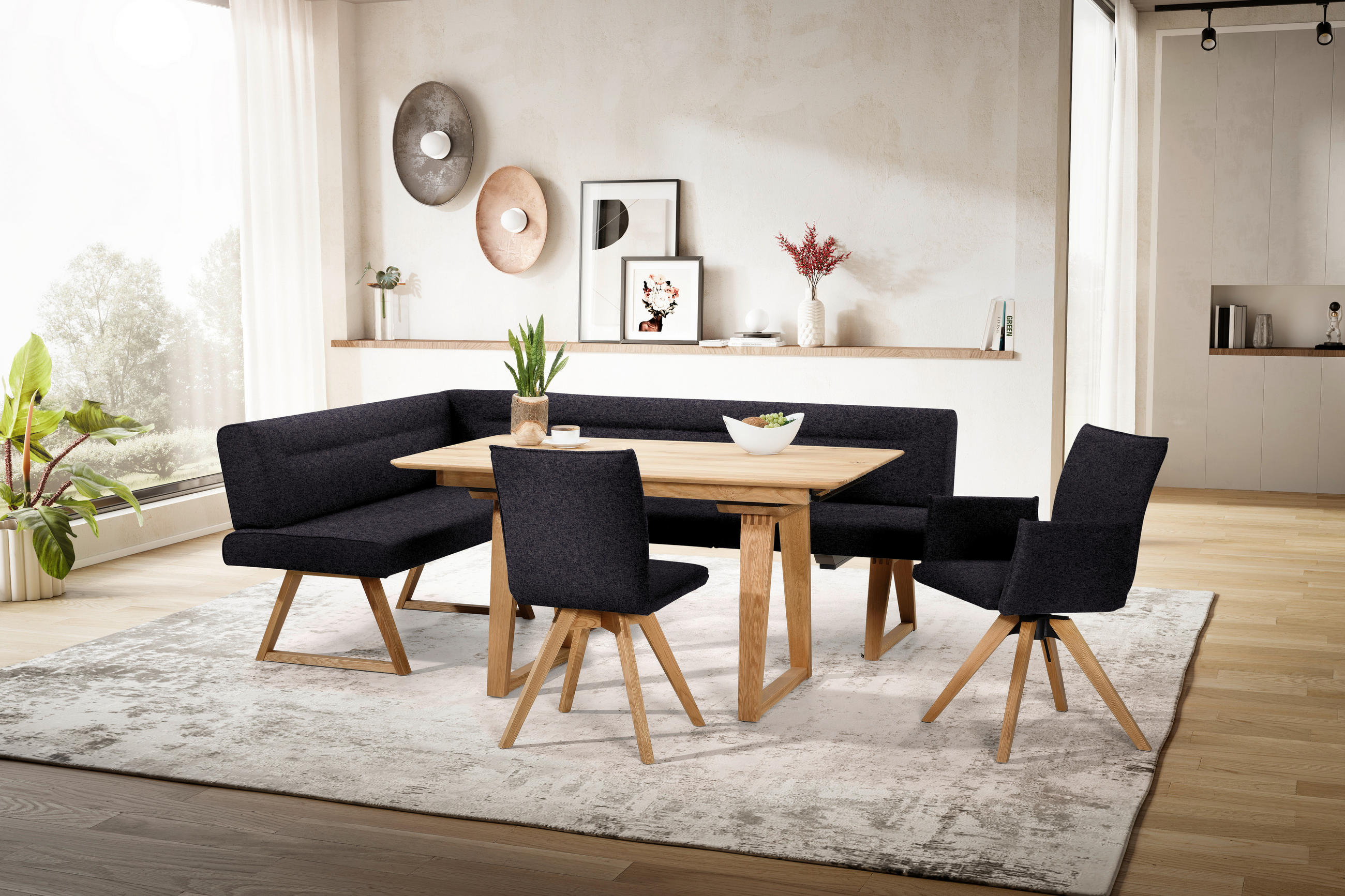 ECKBANK 170/230 cm Samt Anthrazit, Eichefarben Wildeiche massiv   - Eichefarben/Anthrazit, KONVENTIONELL, Holz/Textil (170/230cm) - Moderano