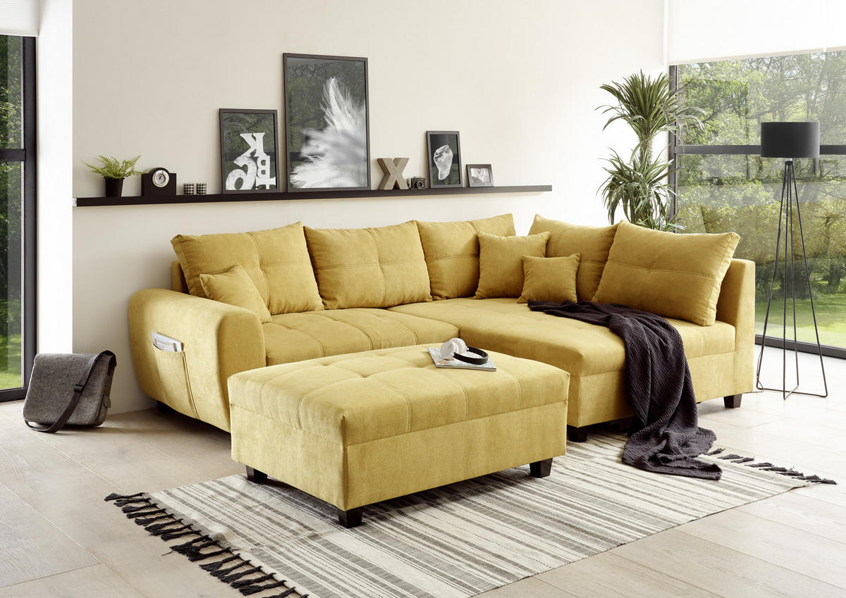 ECKSOFA inkl. Hocker in Mikrovelours Gelb  - Gelb/Schwarz, Basics, Holzwerkstoff/Kunststoff (248/176cm) - MID.YOU