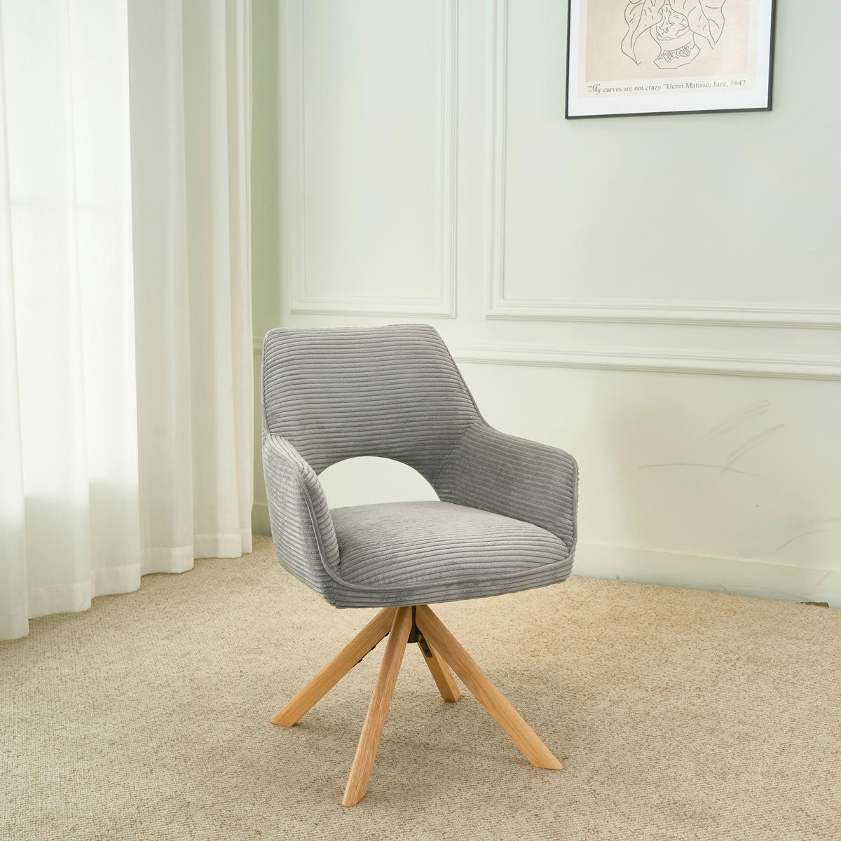 ARMLEHNSTUHL  Sitzfläche 360° drehbar, inklusive Armlehnen Cord  - Eichefarben/Hellgrau, Design, Holz/Textil (60/85/63cm) - Hom`in