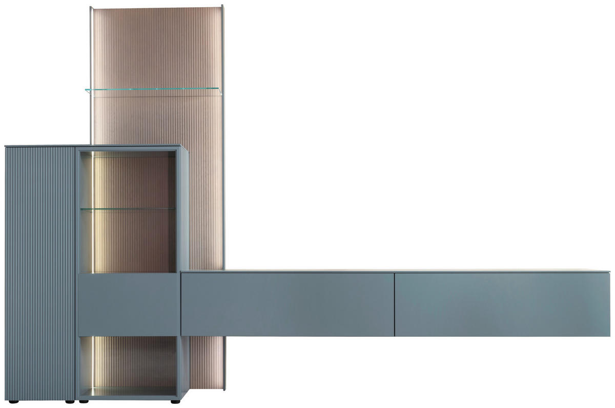 WOHNWAND  in Blaugrau, Eiche grau 340/234/45 cm  - Eiche grau/Blaugrau, Design, Glas/Holz (340/234/45cm) - Schöner Wohnen