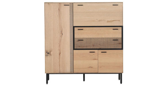 HIGHBOARD Eiche furniert Braun, Naturfarben Rückwand, Oberplatte, Füße  - Eichefarben/Schwarz, LIFESTYLE, Holzwerkstoff/Metall (115/120/42cm) - Novel