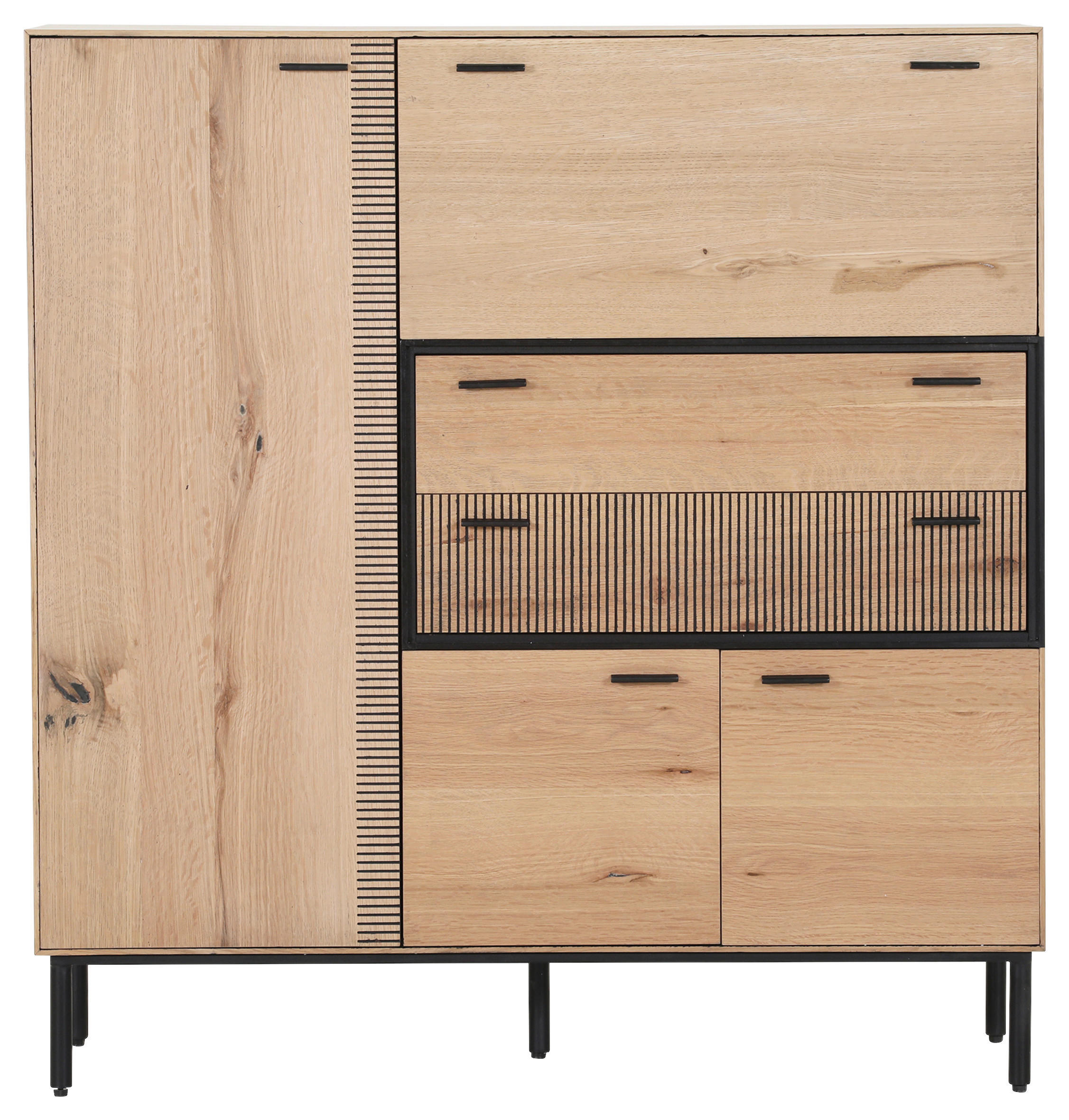 Thumbnail - Novel Highboard, Braun, Natur, Metall, Eiche, furniert, 2 Schubladen, 115x120x42 cm, Beimöbel erhältlich, stehend, Wohnz...