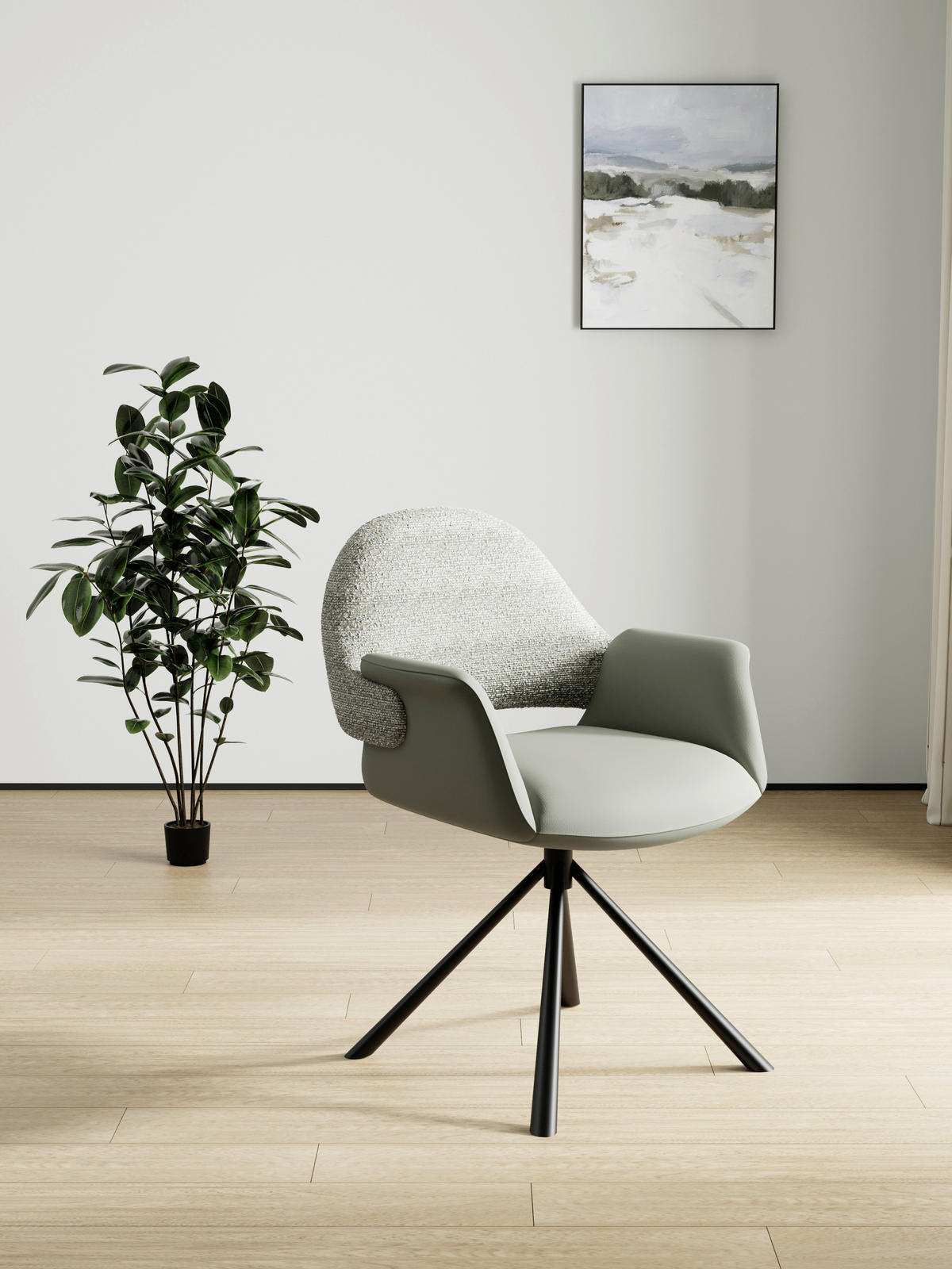 ARMLEHNSTUHL  Sitzfläche 360° drehbar, inklusive Armlehnen, automatische Rückholfunktion Webstoff Echtleder  - Salbeigrün/Schwarz, Design, Leder/Textil (62,5/86/64cm) - Novel