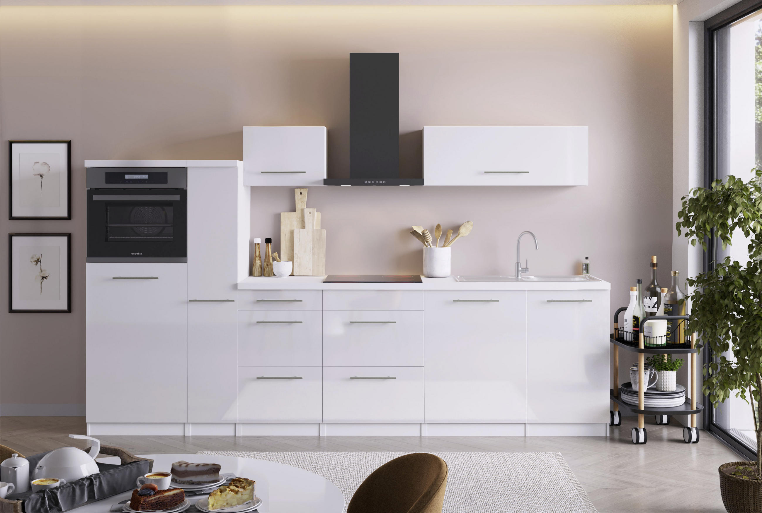 KÜCHENBLOCK 310 cm Weiß Hochglanz E-Geräte, Spüle, Soft-Close-System, Geschirrspüler, Geschirrspülerblende, Dunstabzug, Ab- und Überlaufgarnitur   - Edelstahlfarben/Weiß Hochglanz, Design, Metall (310cm) - Respekta