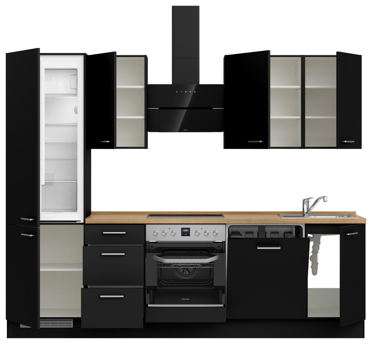 KÜCHENLEERBLOCK 270 cm   in Schwarz, Eichefarben  - Edelstahlfarben/Eichefarben, MODERN, Holzwerkstoff/Metall (270cm) - Nobilia
