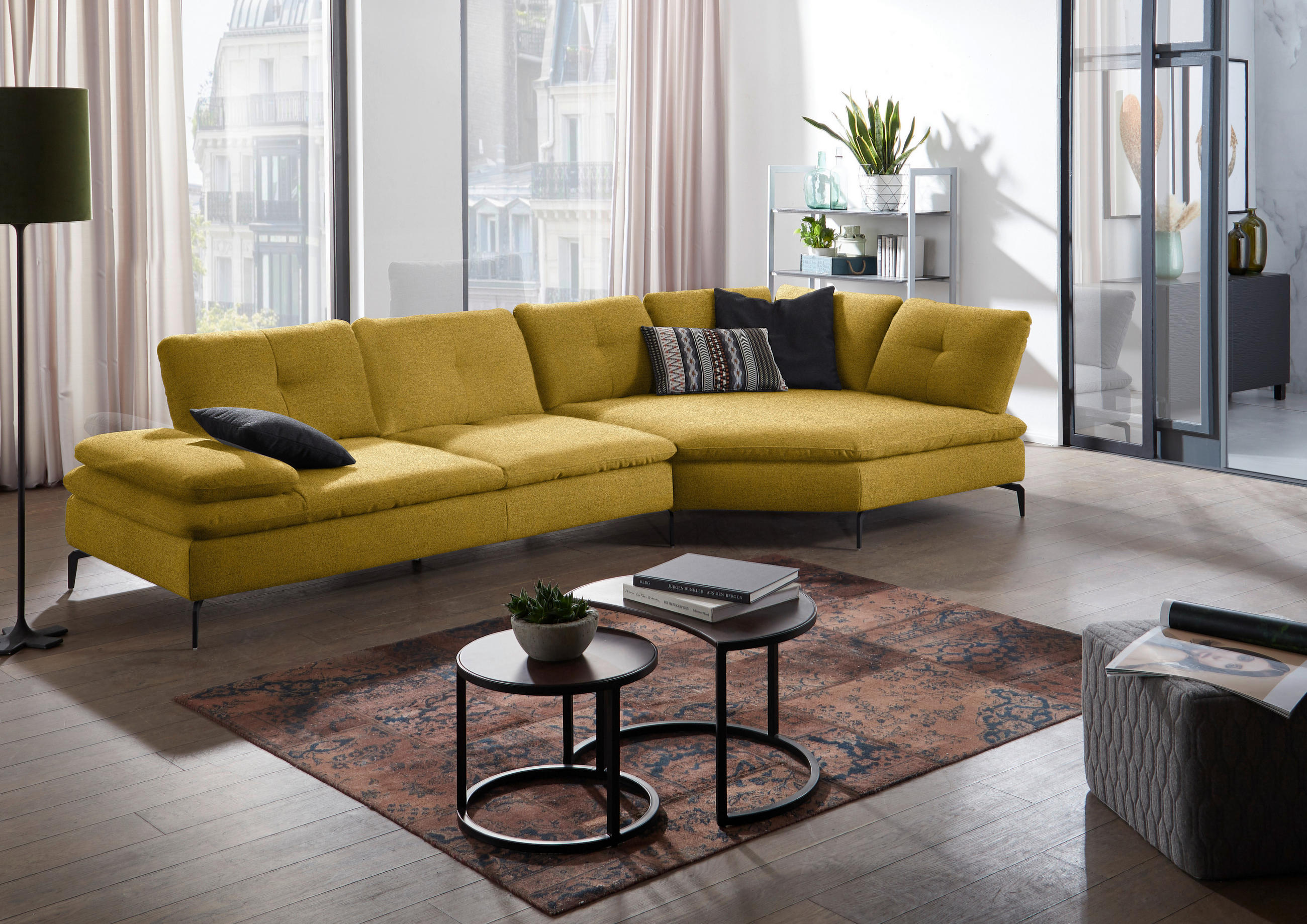 ECKSOFA in Flachgewebe Hellgrün  - Schwarz/Hellgrün, Design, Textil/Metall (344/157cm) - Chilliano