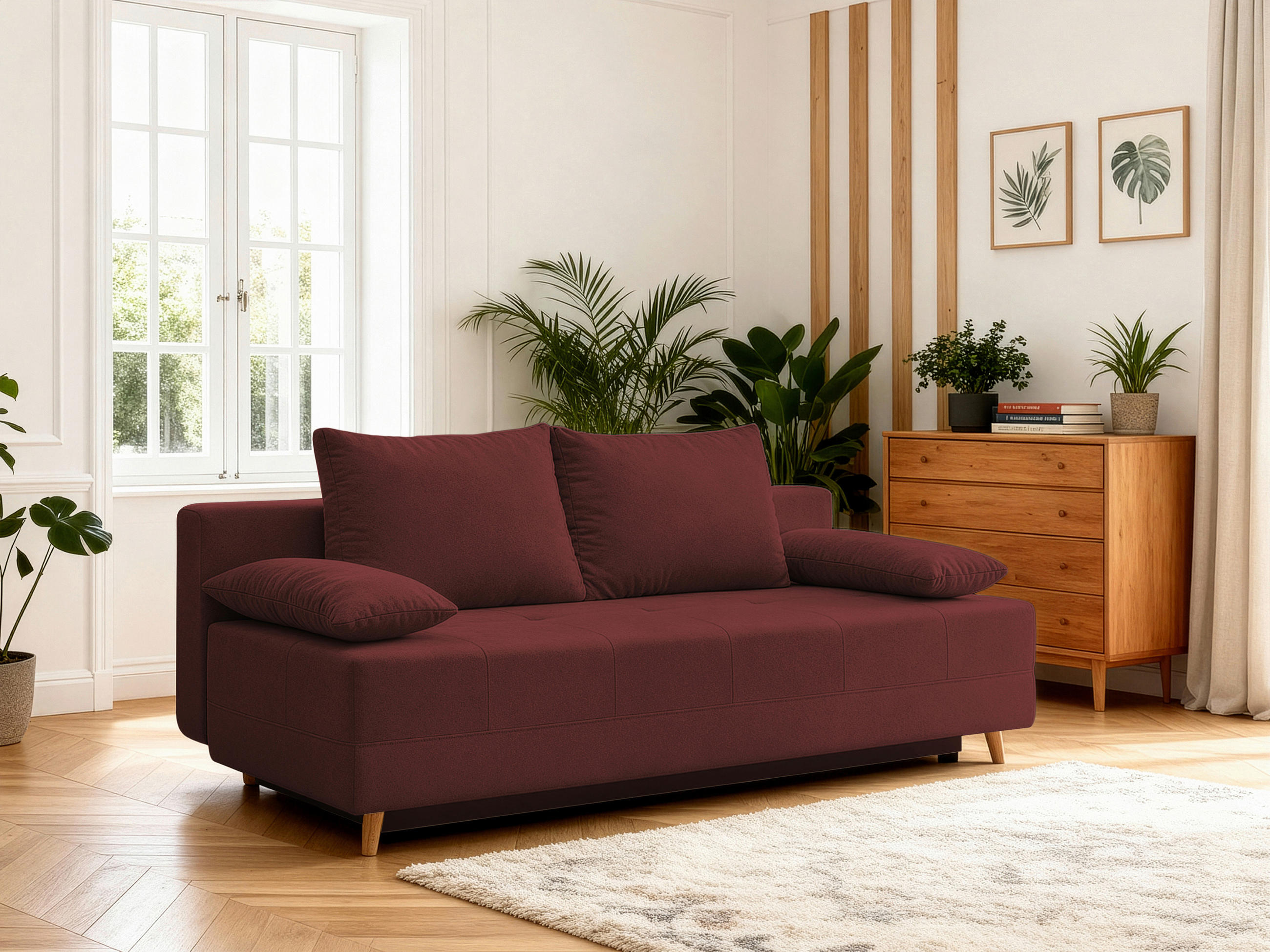 SCHLAFSOFA LUMOS Samt Bordeaux  inkl. Rückenkissen, Armlehnenkissen, Schlaffunktion, Rücken echt, Stauraum  - Bordeaux/Naturfarben, Design, Textil (206/96/96cm) - P & B