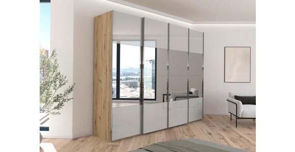SCHWEBETÜRENSCHRANK  in Eiche Artisan, Seidengrau  - Chromfarben/Seidengrau, Design, Glas/Holzwerkstoff (271/223/68cm) - Novel