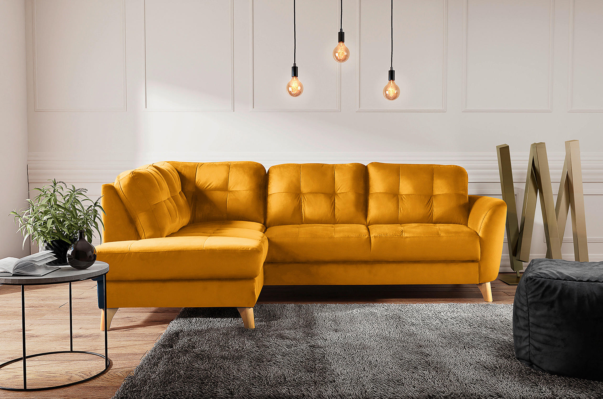 ECKSOFA Gelb Samt  - Gelb/Buchefarben, Design, Holz/Textil (190/236cm) - Livetastic