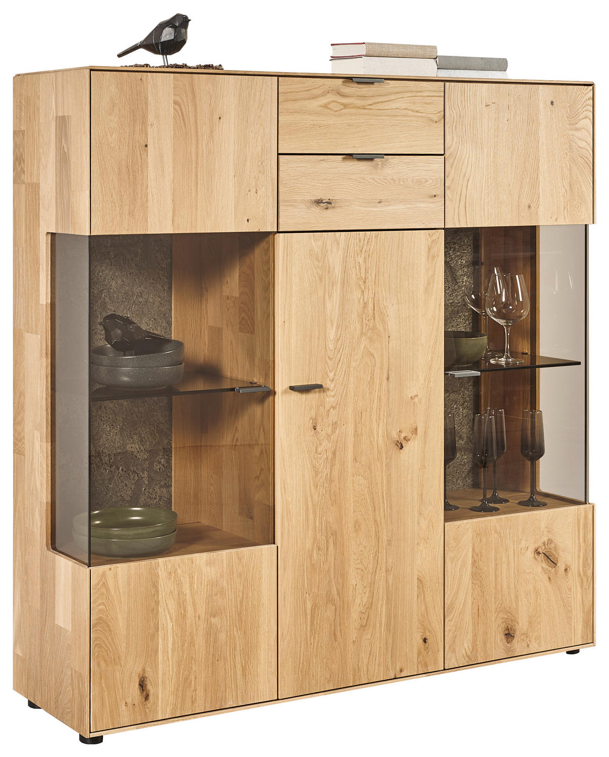 HIGHBOARD Wildeiche  136,9/138,3/37,1 cm  - Wildeiche/Schwarz, Natur, Glas/Holz (136,9/138,3/37,1cm) - Valnatura