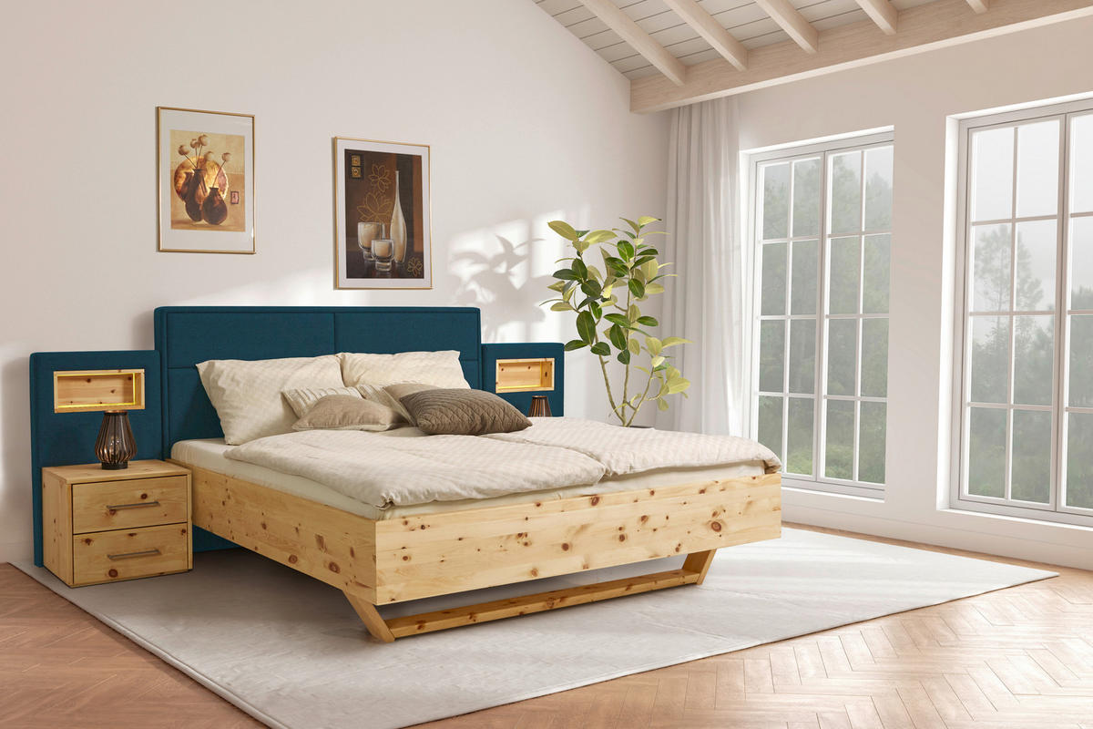 BETT 200/200 cm  Blau, Zirbelkieferfarben   - Blau/Zirbelkieferfarben, Natur, Holz/Textil (200/200cm) - Valnatura