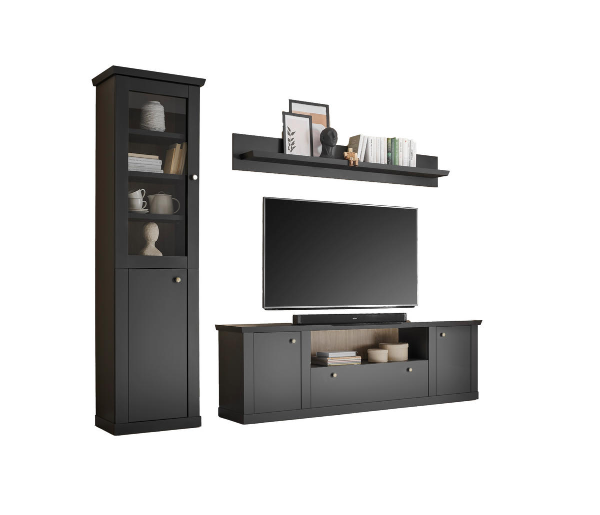 WOHNWAND 3-teilig  in Schwarz, Eichefarben  270/200/42 cm  - Eichefarben/Messingfarben, Design, Holzwerkstoff/Metall (270/200/42cm) - MID.YOU