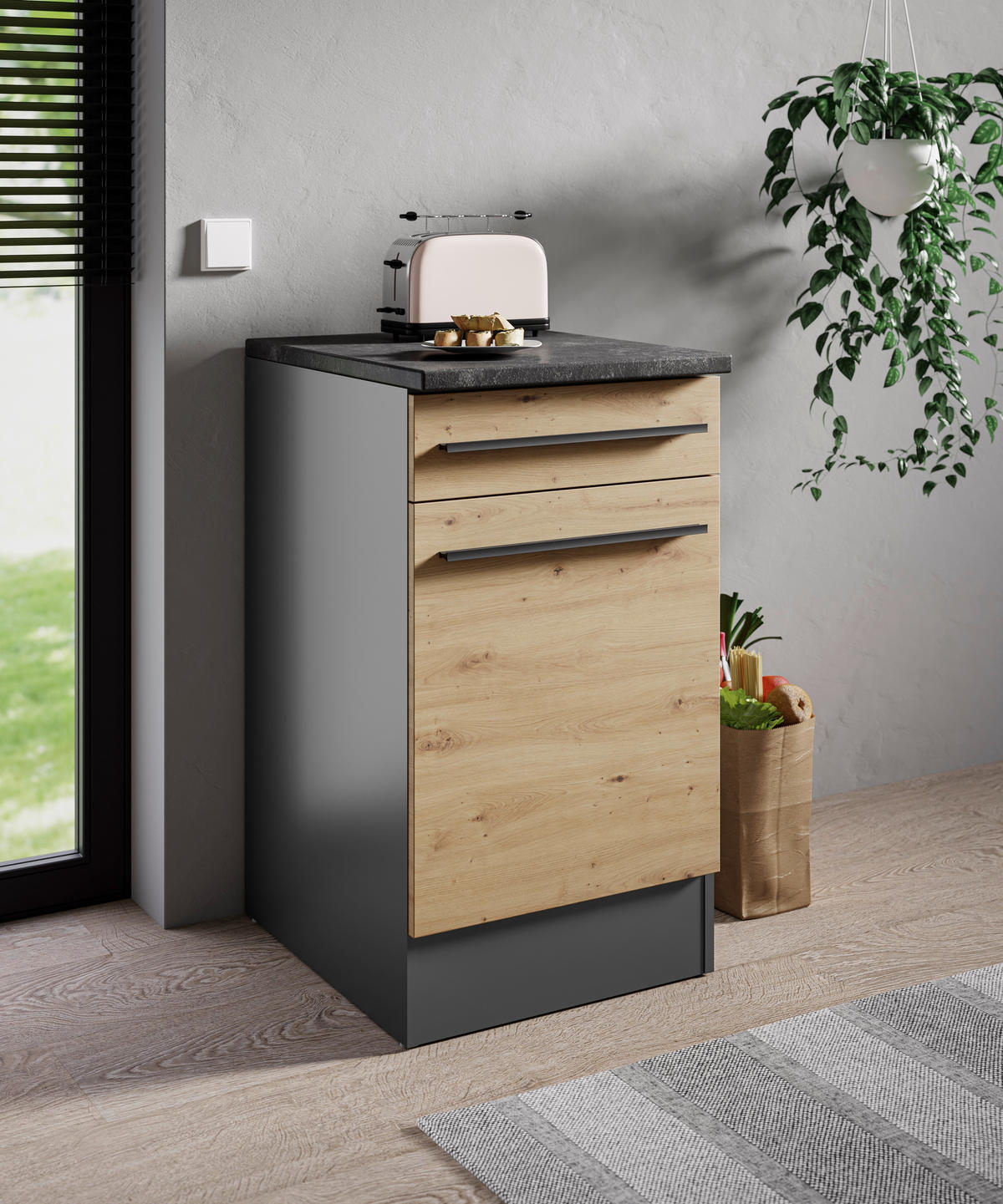 KÜCHENUNTERSCHRANK 50/90/60 cm  in Anthrazit, Eiche Artisan  - Anthrazit/Schwarz, Design, Holzwerkstoff/Kunststoff (50/90/60cm) - P & B