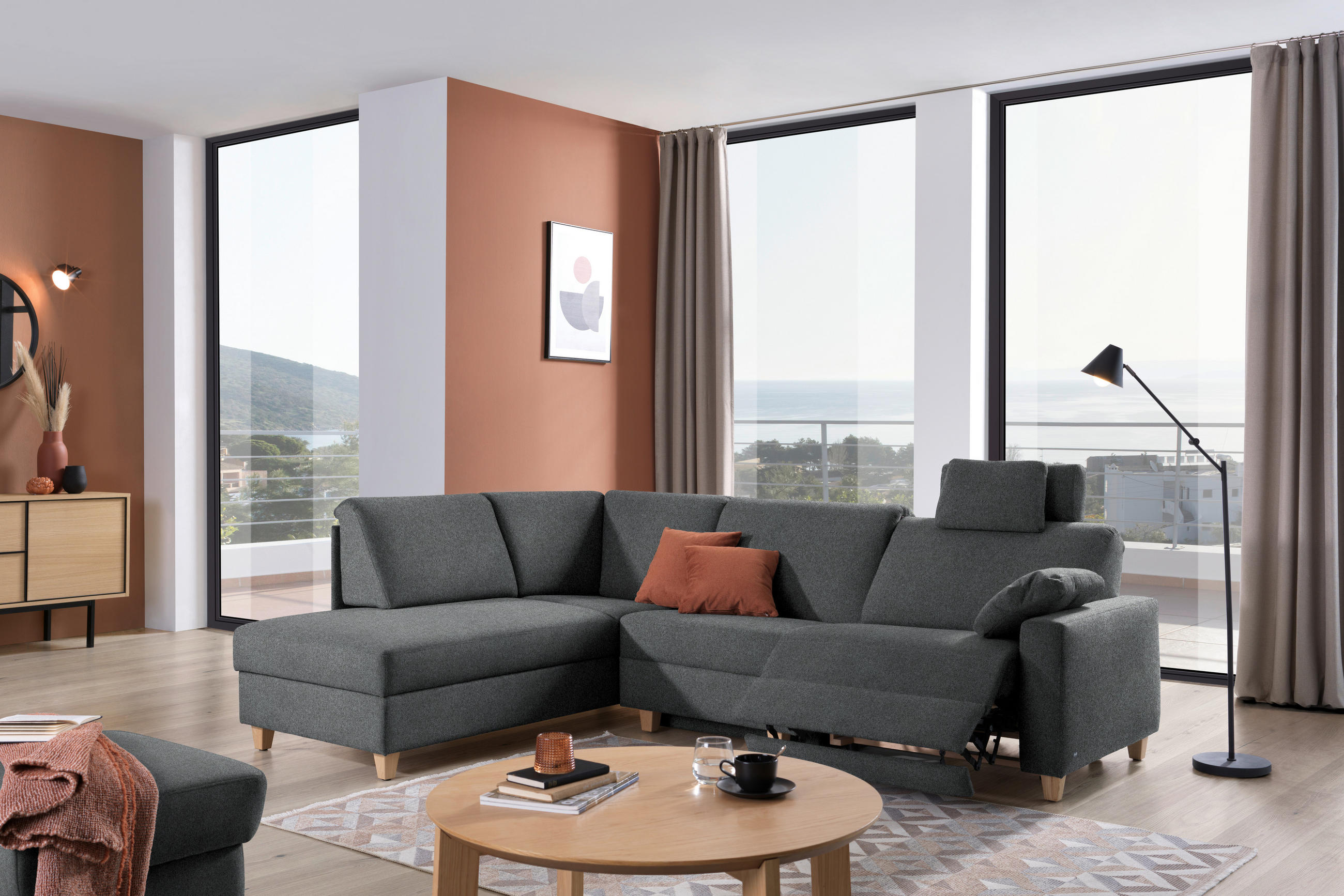 ECKSOFA in Flachgewebe Anthrazit  203/261 cm  - Eichefarben/Anthrazit, KONVENTIONELL, Holz/Textil (203/261cm) - Sedda
