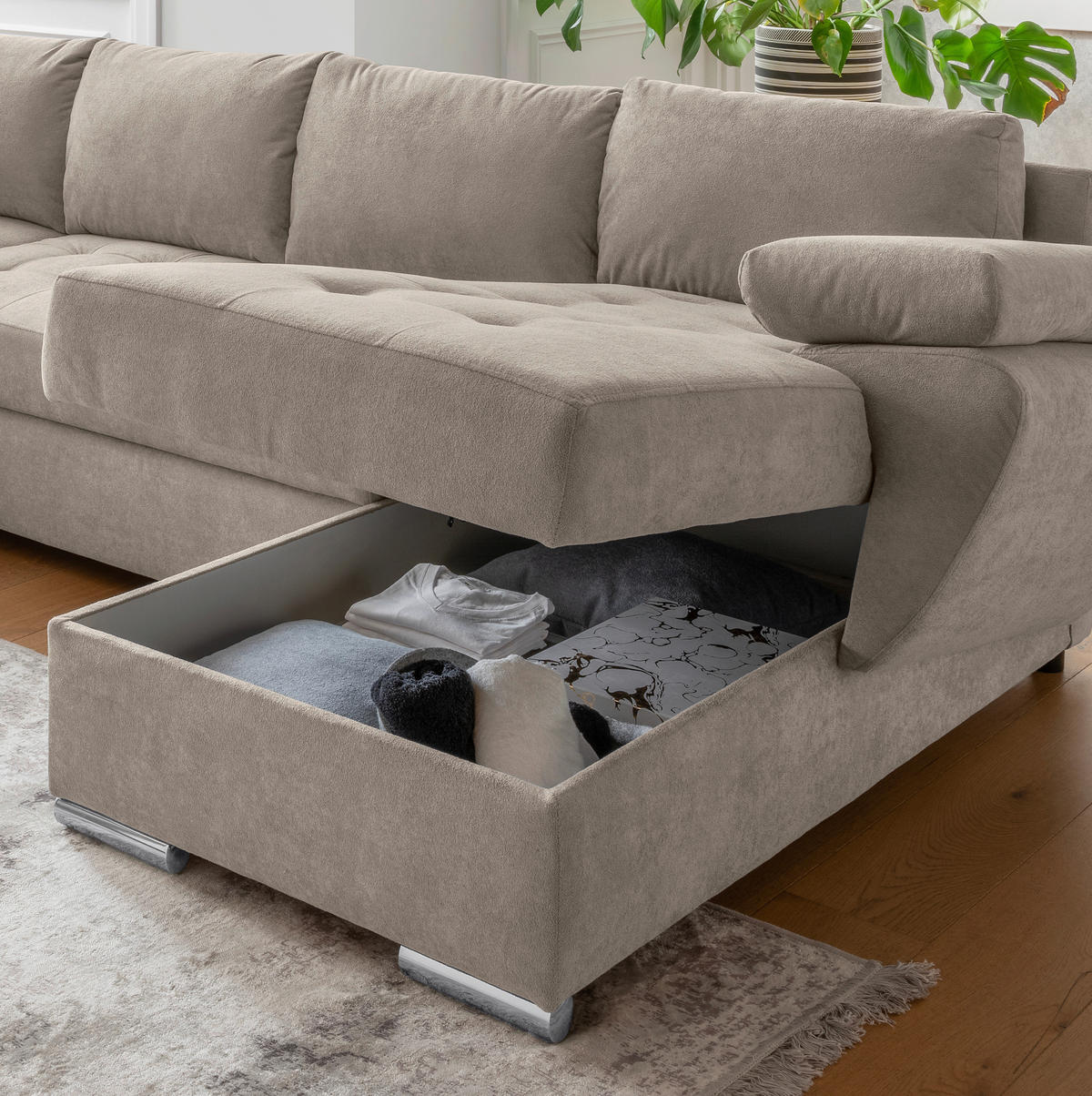 Wohnlandschaft in Mikrofaser Taupe  - couleur chromée/taupe, Konventionell, textile/métal (219/305/157cm) - Livetastic