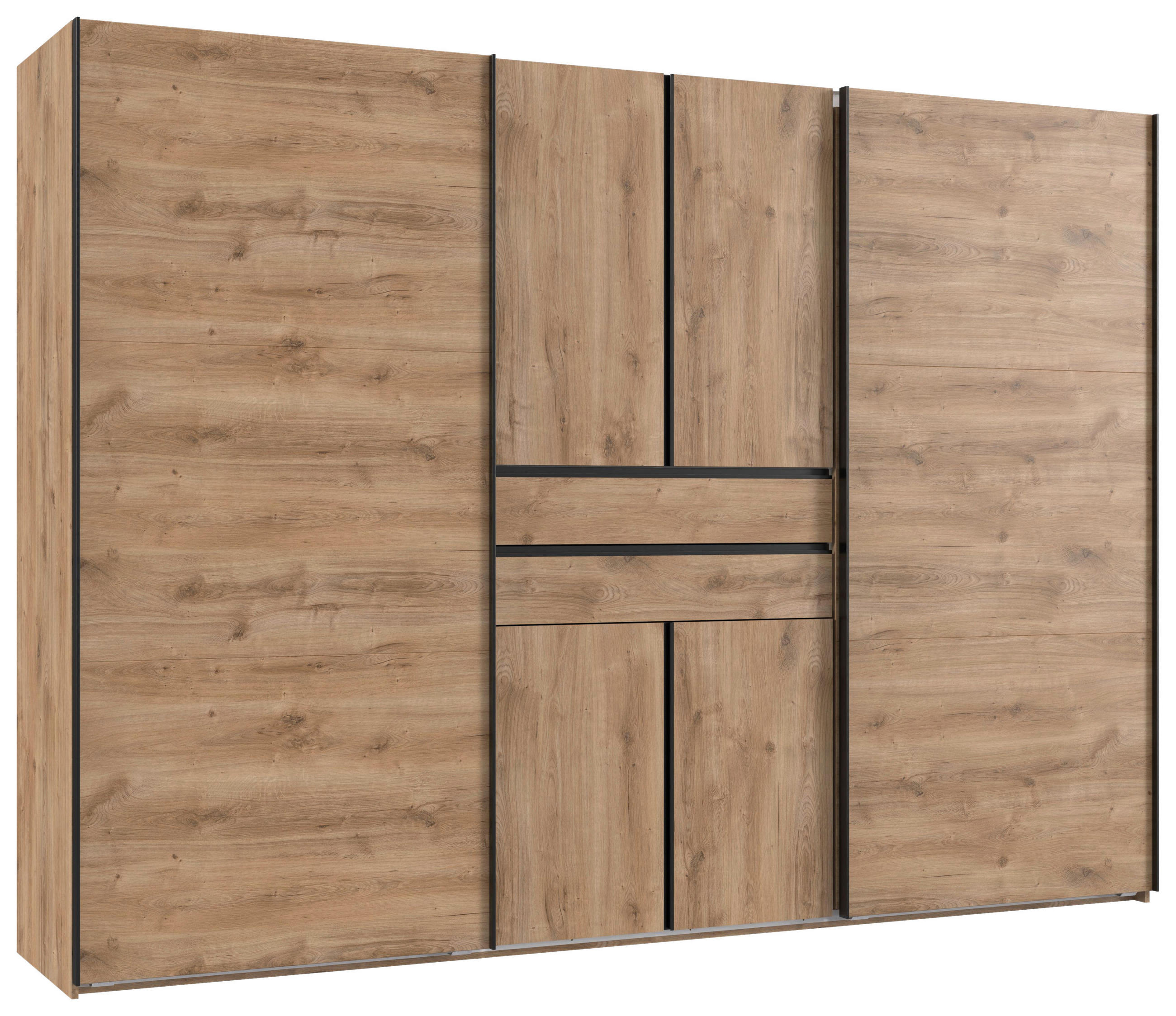 KLEIDERSCHRANK 300/216/65 cm,  in Plankeneiche, 6-türig  - Plankeneiche/Schwarz, Design, Holzwerkstoff/Metall (300/216/65cm) - Stylife