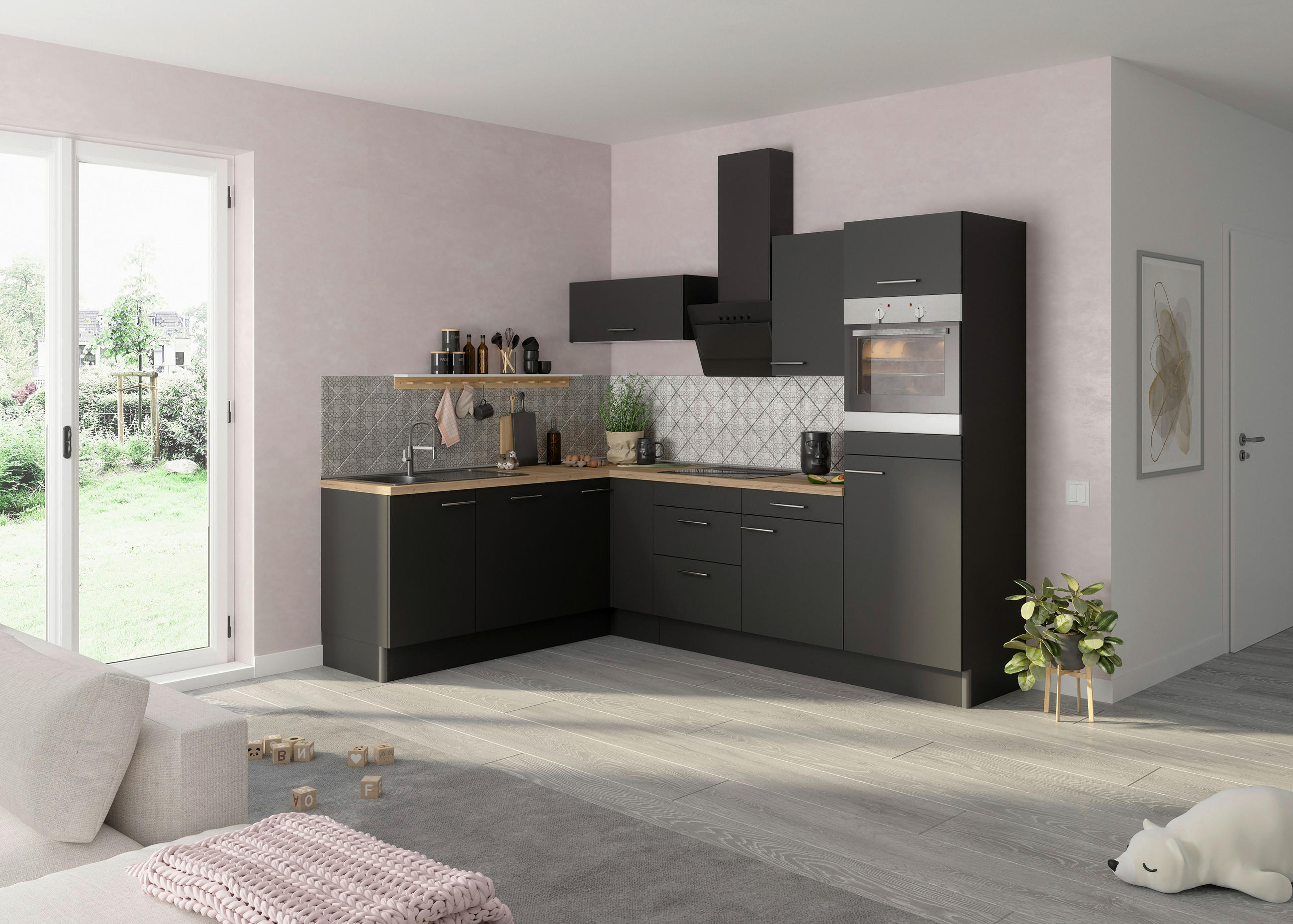ECKKÜCHE 200/270 cm  in Anthrazit  - Edelstahlfarben/Eichefarben, Basics, Holzwerkstoff/Metall (200/270cm) - Optifit