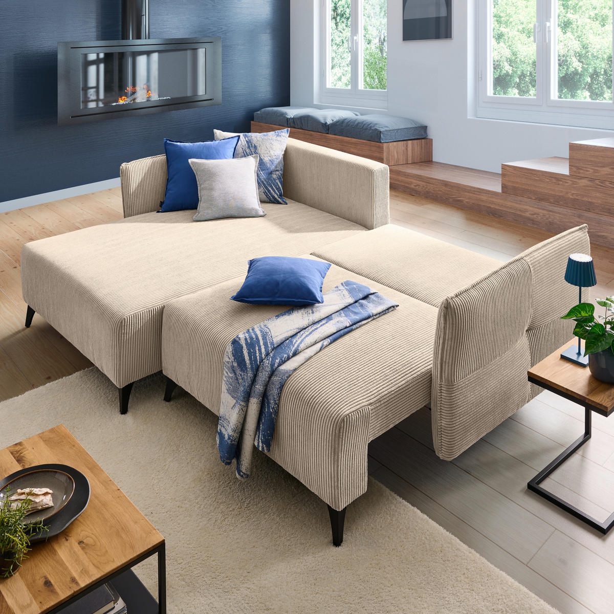 ECKSOFA Beige Cord  - Beige/Schwarz, Design, Textil/Metall (175/254cm) - Stylife