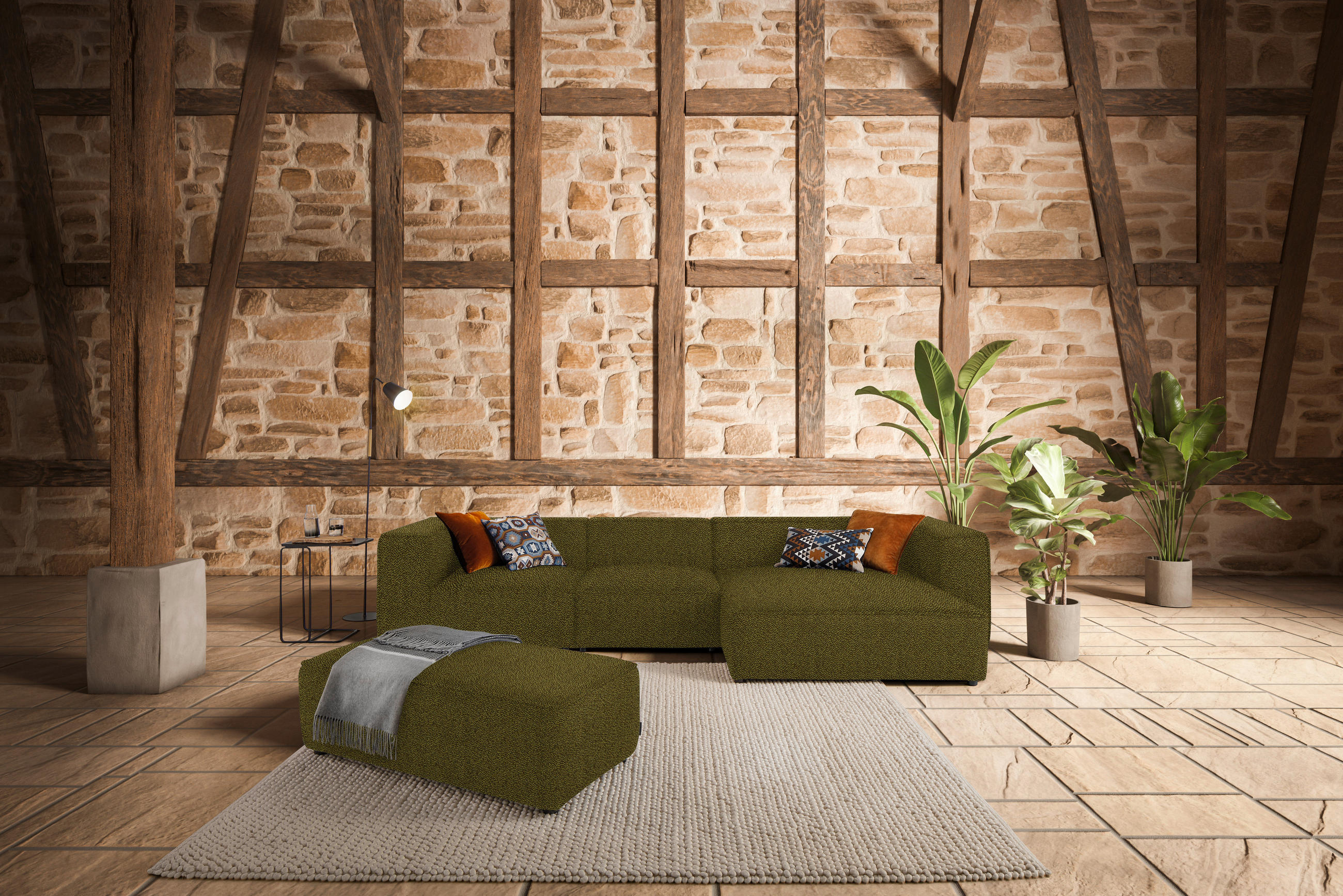 ECKSOFA in Flachgewebe Khaki  341/164 cm  - Khaki/Schwarz, Design, Kunststoff/Textil (341/164cm) - W.Schillig
