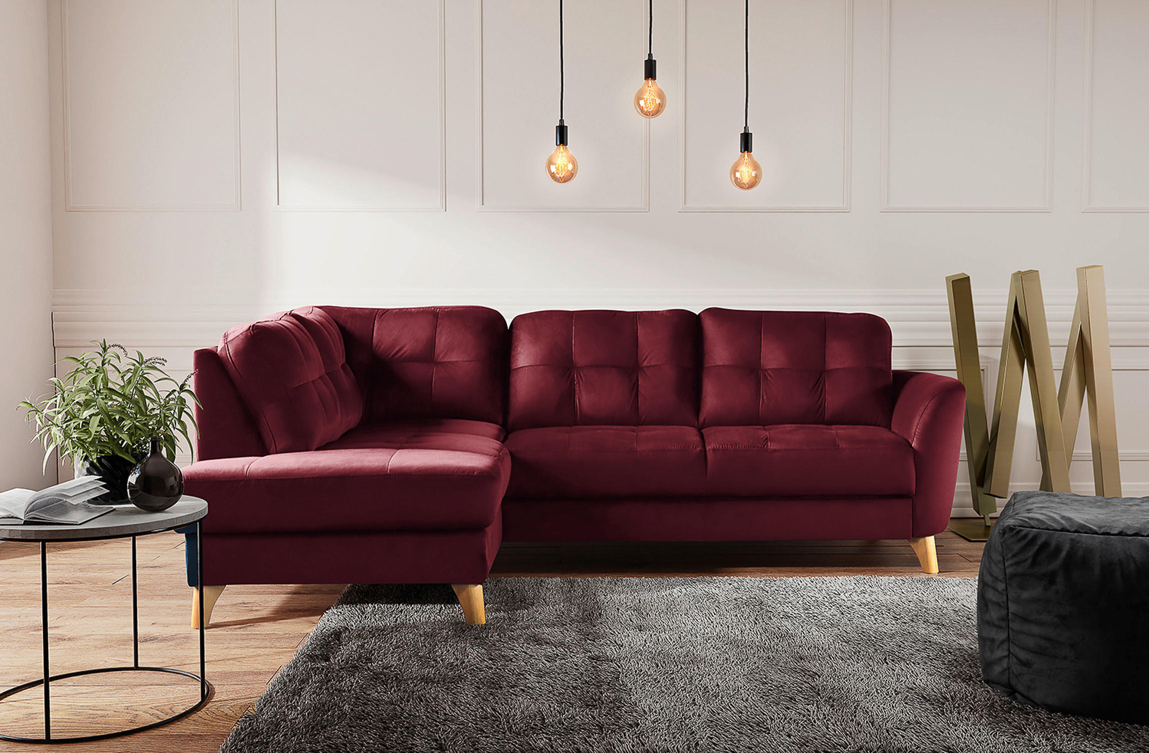 ECKSOFA Rot Samt  - Buchefarben/Rot, Design, Holz/Textil (190/236cm) - Livetastic