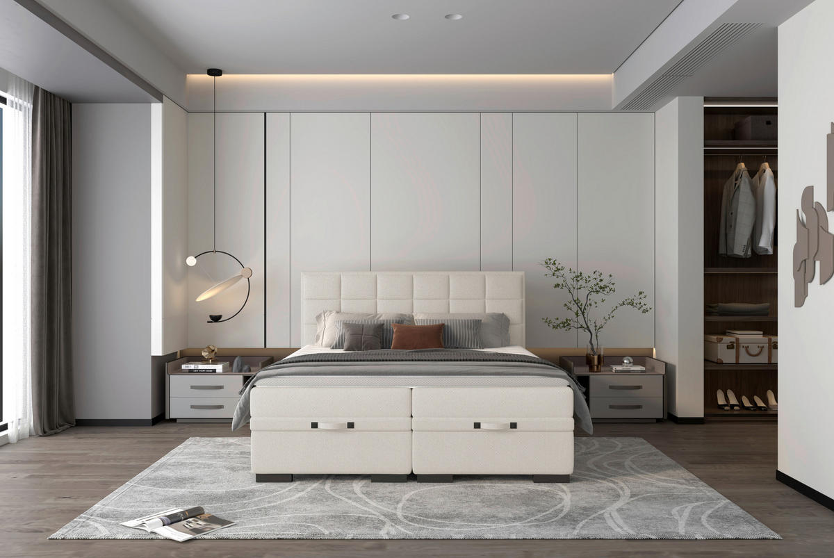BOXSPRINGBETT 180/200 cm  in Creme  - Creme/Schwarz, KONVENTIONELL, Kunststoff/Textil (180/200cm) - home24