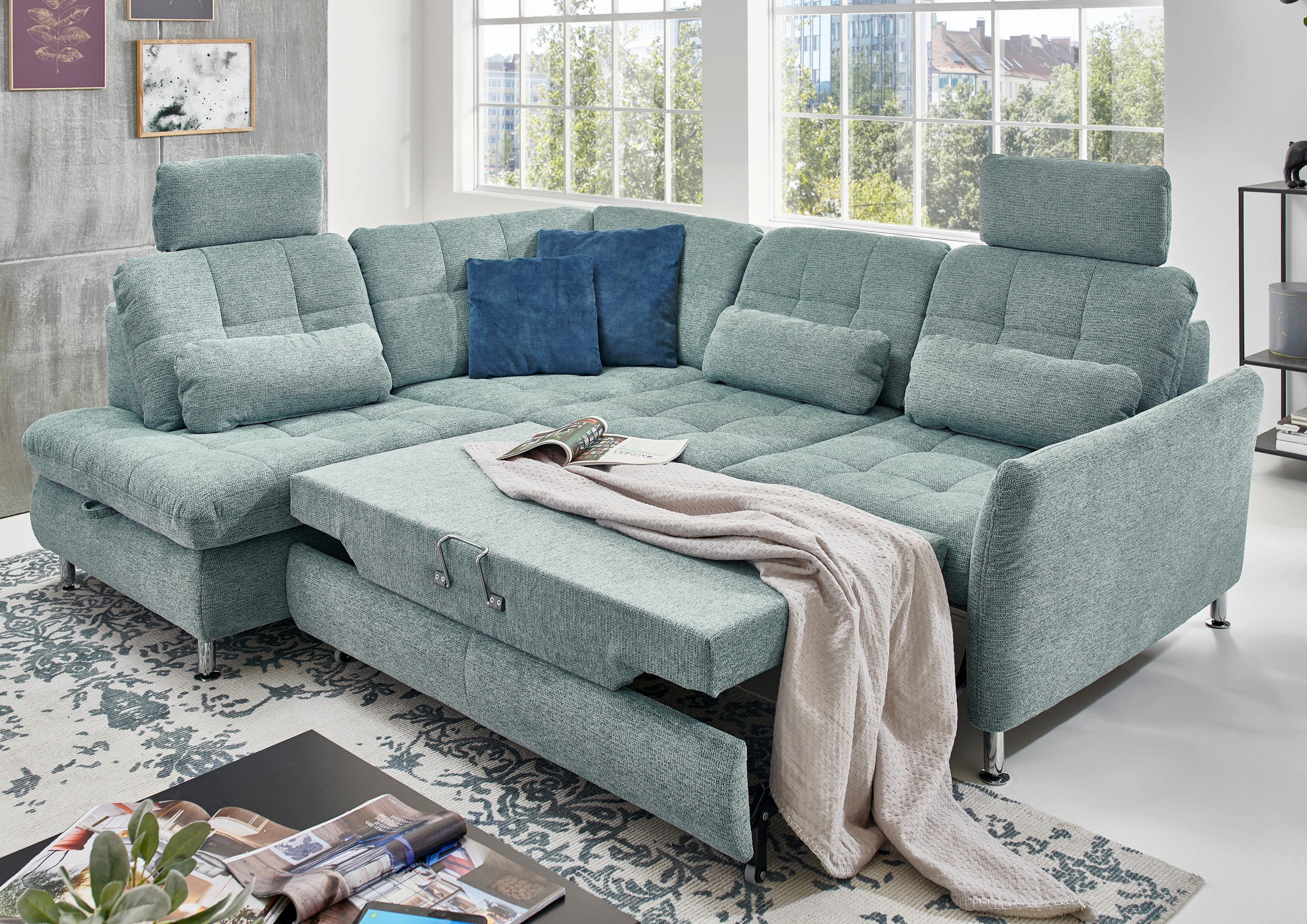 ECKSOFA Blau Webstoff  - Chromfarben/Blau, Design, Textil/Metall (210/242cm) - Beldomo Style