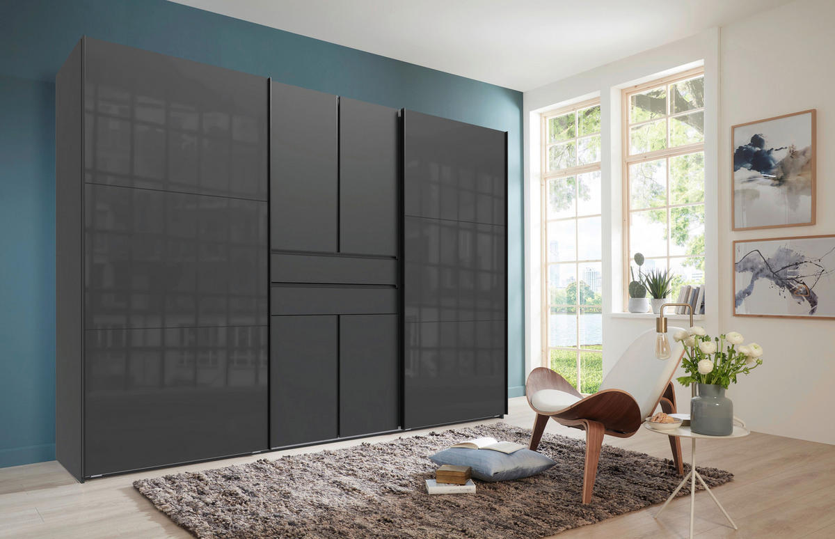 KLEIDERSCHRANK 300/216/65 cm,  in Graphitfarben, Grau, 6-türig  - Schwarz/Graphitfarben, Design, Glas/Holzwerkstoff (300/216/65cm) - Stylife