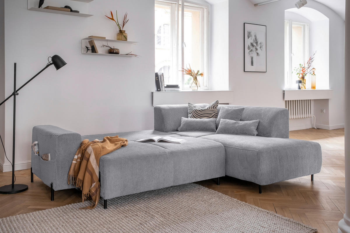 ECKSOFA Hellgrau Cord  - Hellgrau/Schwarz, Textil/Metall (250/192cm) - MID.YOU