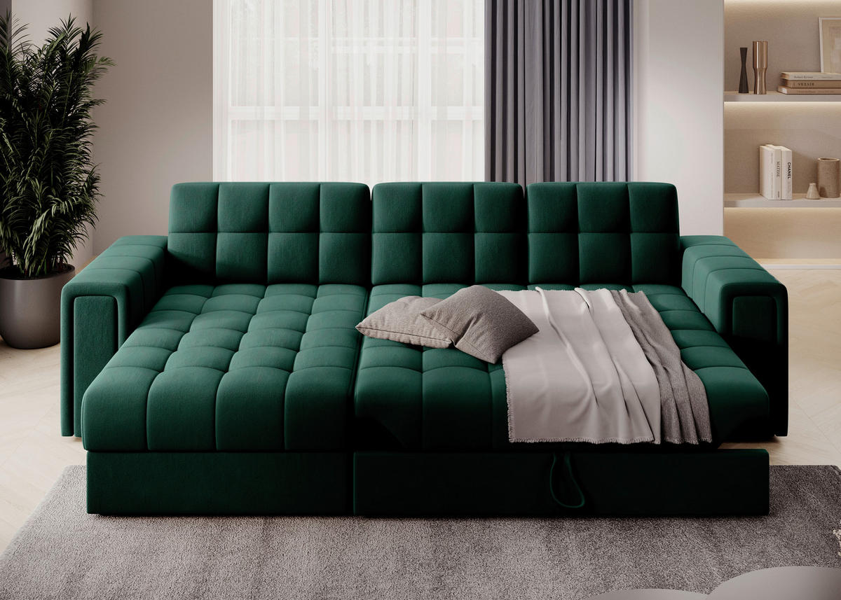 ECKSOFA Plüsch Grün  - Schwarz/Grün, Design, Kunststoff/Textil (260/150cm) - MID.YOU