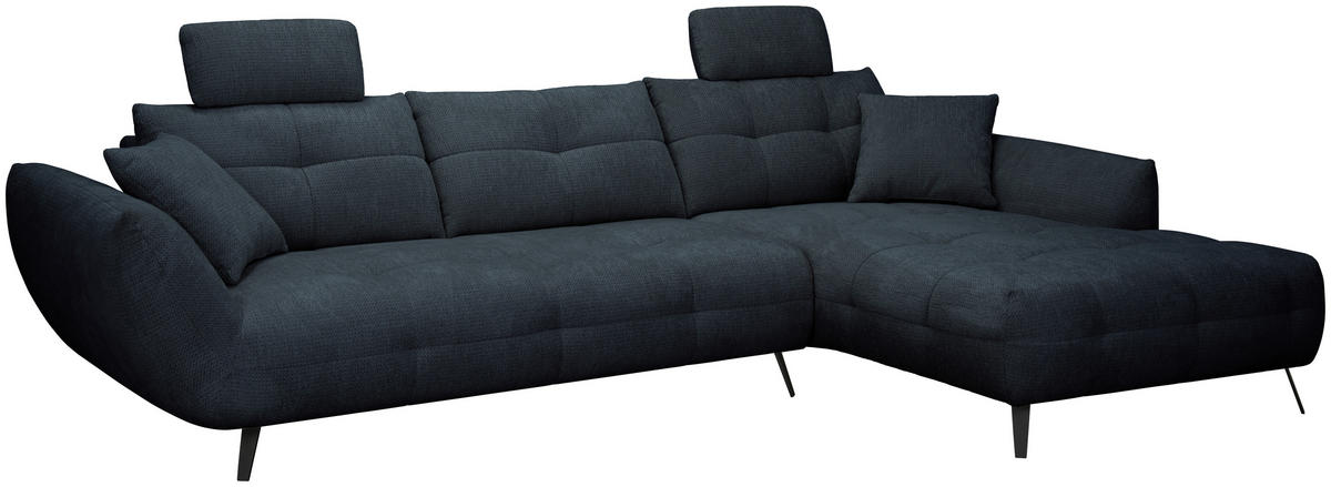 ECKSOFA Dunkelblau Chenille Armlehnenkissen, Rücken echt, Sitztiefenverstellung  - Schwarz/Dunkelblau, KONVENTIONELL, Textil/Metall (313/215cm) - Hom`in