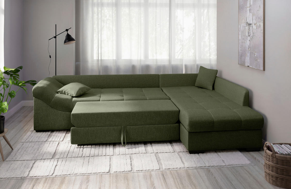 ECKSCHLAFSOFA in Grün Textil   - Schwarz/Grün, Modern, Holz/Textil (298/202cm) - MID.YOU