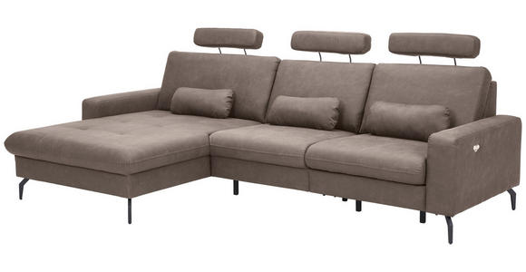 ECKSOFA  in Mikrofaser Taupe Rückenkissen, Nierenkissen, Rücken echt, Relaxfunktion, Kopfstütze  180/302 cm  - Taupe/Schwarz, KONVENTIONELL, Textil/Metall (180/302cm) - Carryhome