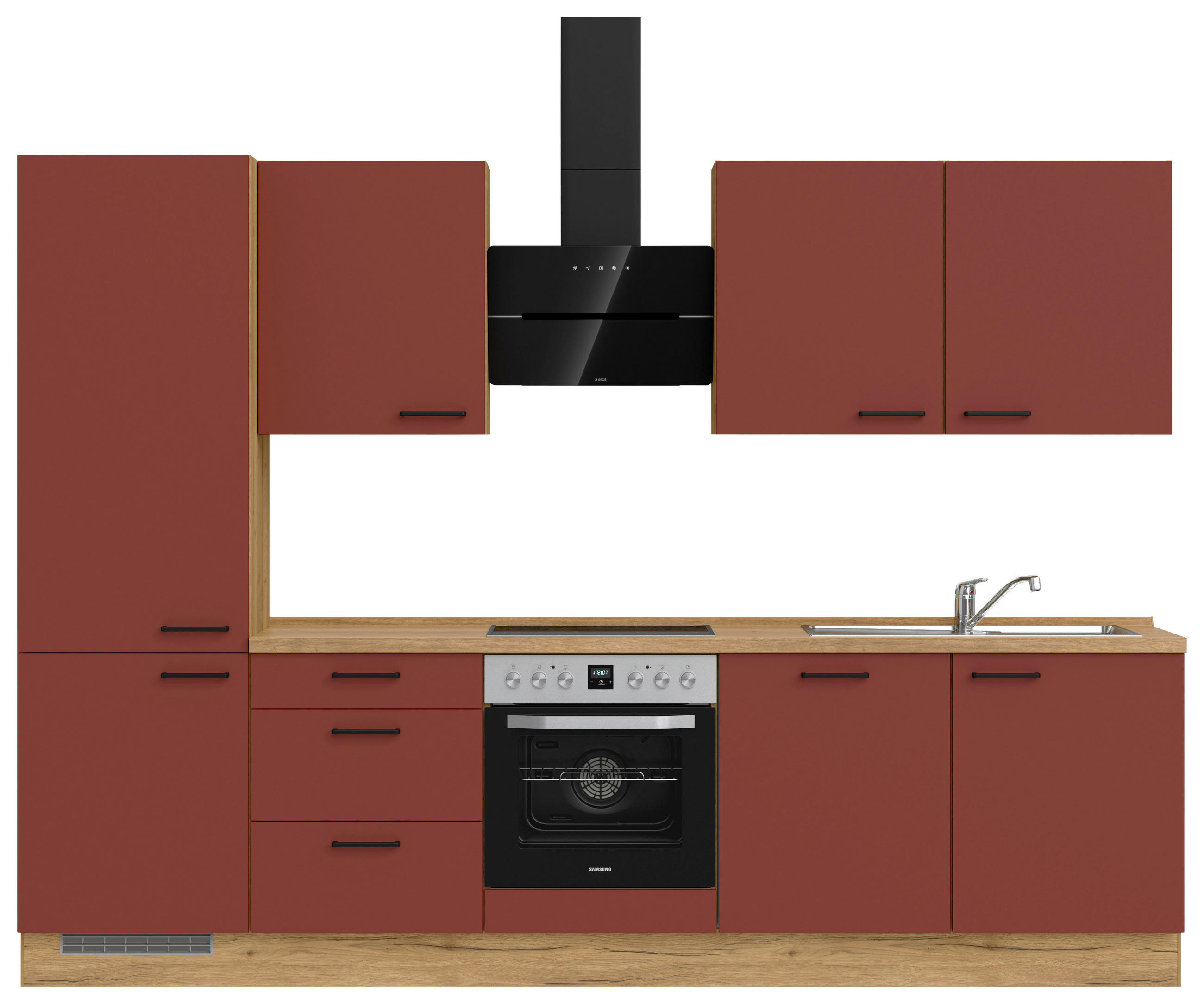 KÜCHENBLOCK 300 cm   in Eichefarben, Dunkelrot  - Eichefarben/Schwarz, MODERN, Holzwerkstoff/Metall (300cm) - Nobilia