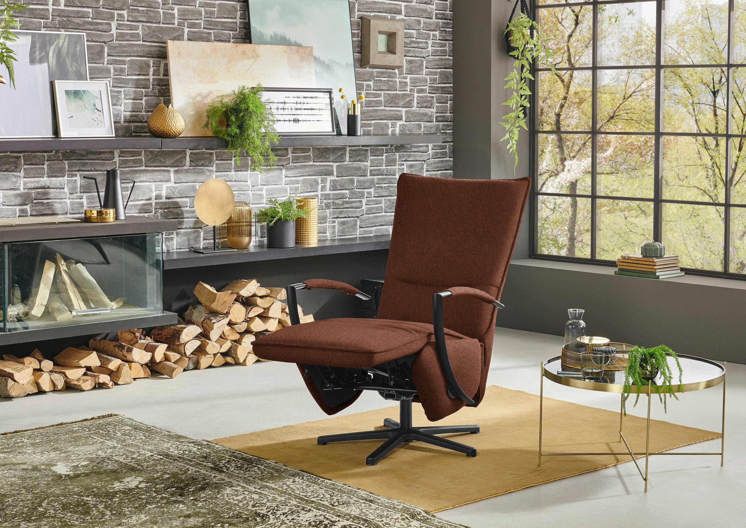 RELAXSESSEL Webstoff Relaxfunktion    - Schwarz/Kupferfarben, Design, Textil/Metall (66/110-114/84cm) - Moderano