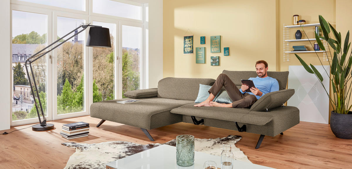 ECKSOFA in Flachgewebe Hellbraun  - Hellbraun/Anthrazit, Design, Textil/Metall (166/280cm) - Johann Jakob