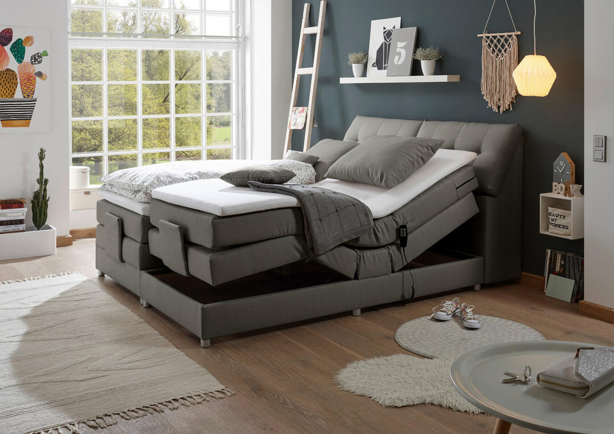 BOXSPRINGBETT 180/200 cm,  in Grau, Matratze, Bettkasten, Topper, motorische Verstellbarkeit, H2 = mittel  - Silberfarben/Grau, Design, Kunststoff/Textil (180/200cm) - Esposa