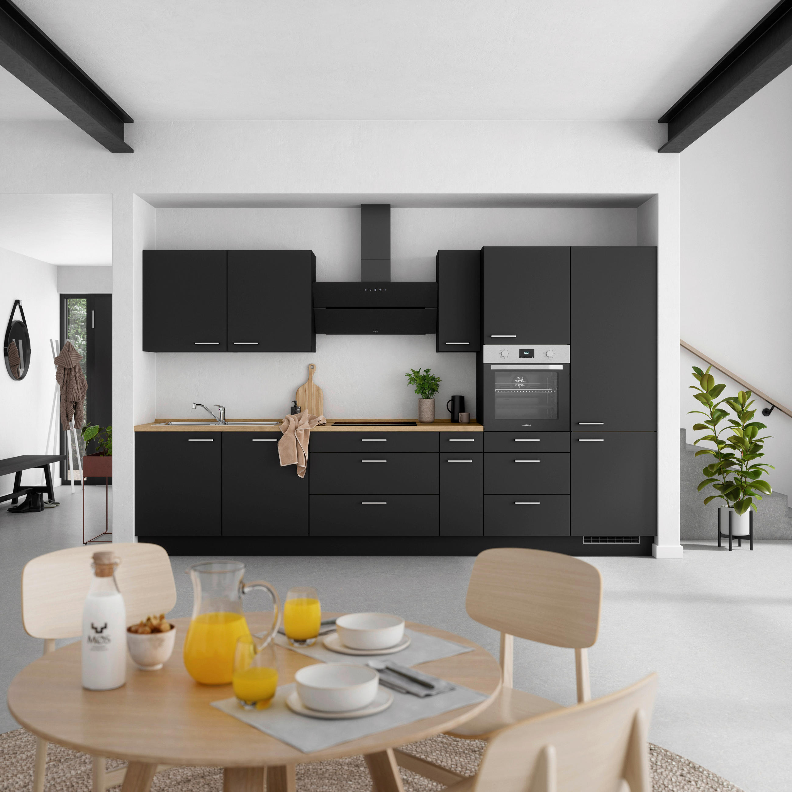 KÜCHENBLOCK 360 cm   in Schwarz, Eichefarben  - Edelstahlfarben/Eichefarben, MODERN, Holzwerkstoff/Metall (360cm) - Nobilia