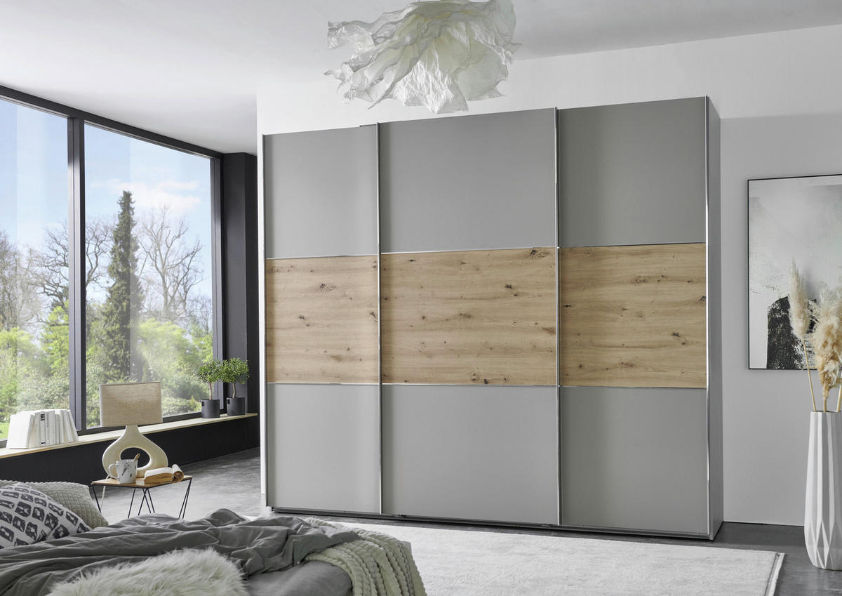 SCHWEBETÜRENSCHRANK 250/216/65 cm 3-türig Grau, Edelstahlfarben, Eiche Artisan  - Edelstahlfarben/Eiche Artisan, KONVENTIONELL, Holzwerkstoff/Metall (250/216/65cm) - Stylife