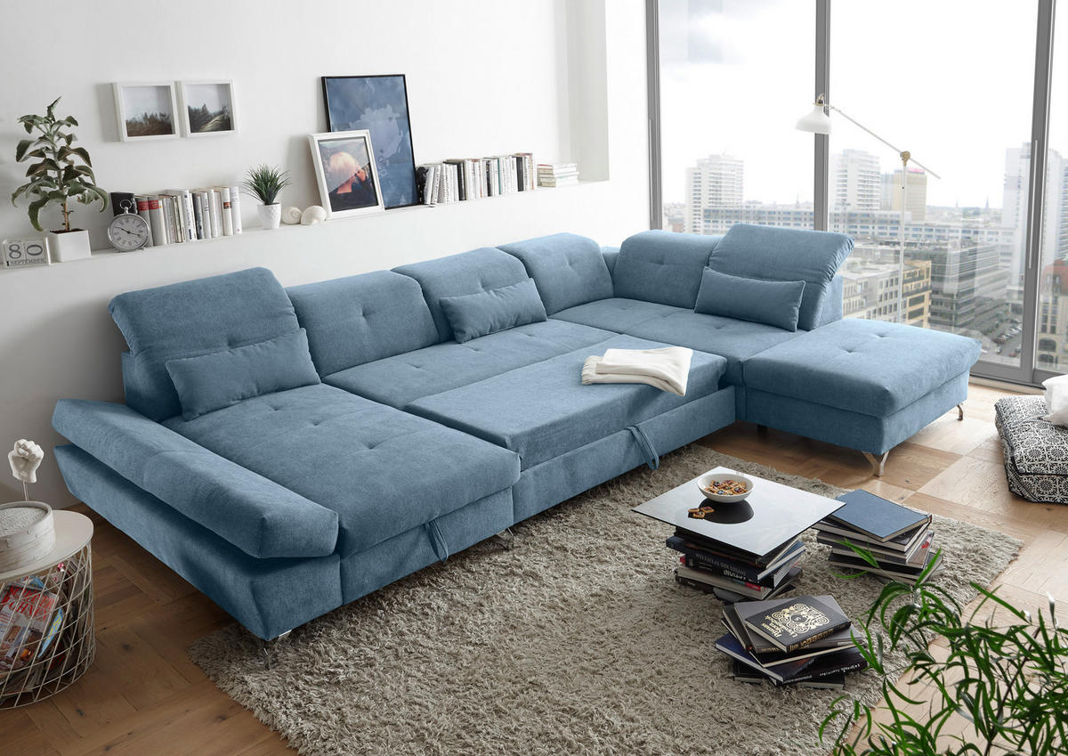 WOHNLANDSCHAFT in Mikrovelours Blau  - Blau/Silberfarben, MODERN, Textil/Metall (168/350/245cm) - MID.YOU