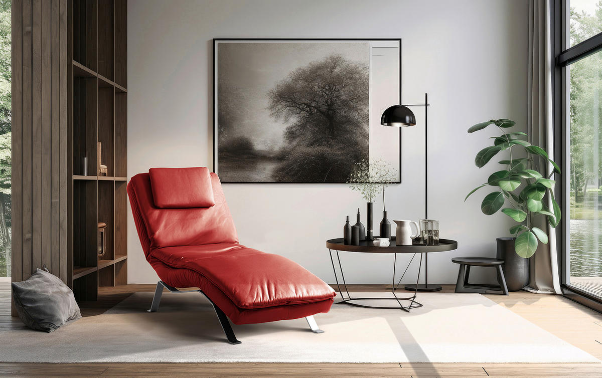 RELAXLIEGE in Echtleder Rot  - Silberfarben/Rot, Design, Leder/Metall (65/95/171cm) - Celina Home