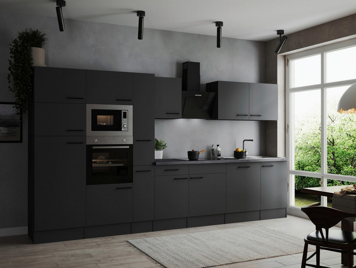KÜCHENBLOCK 370 cm   in Dunkelgrau  - Dunkelgrau/Schwarz, Design, Holzwerkstoff/Metall (370cm) - Respekta
