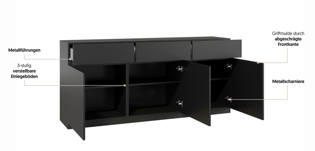 SIDEBOARD Bern 179,9/82,4/40 cm 3 Schublade(n)  - Schwarz, Design, Holzwerkstoff (179,9/82,4/40cm) - MID.YOU